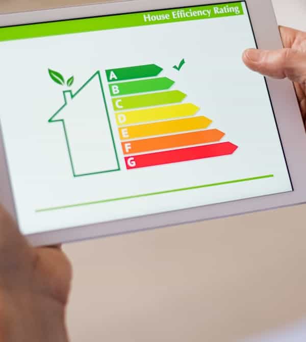 iPad zeigt die Effizienzklasse A der neuen Heizung von Steinkühler in Leverkusen.